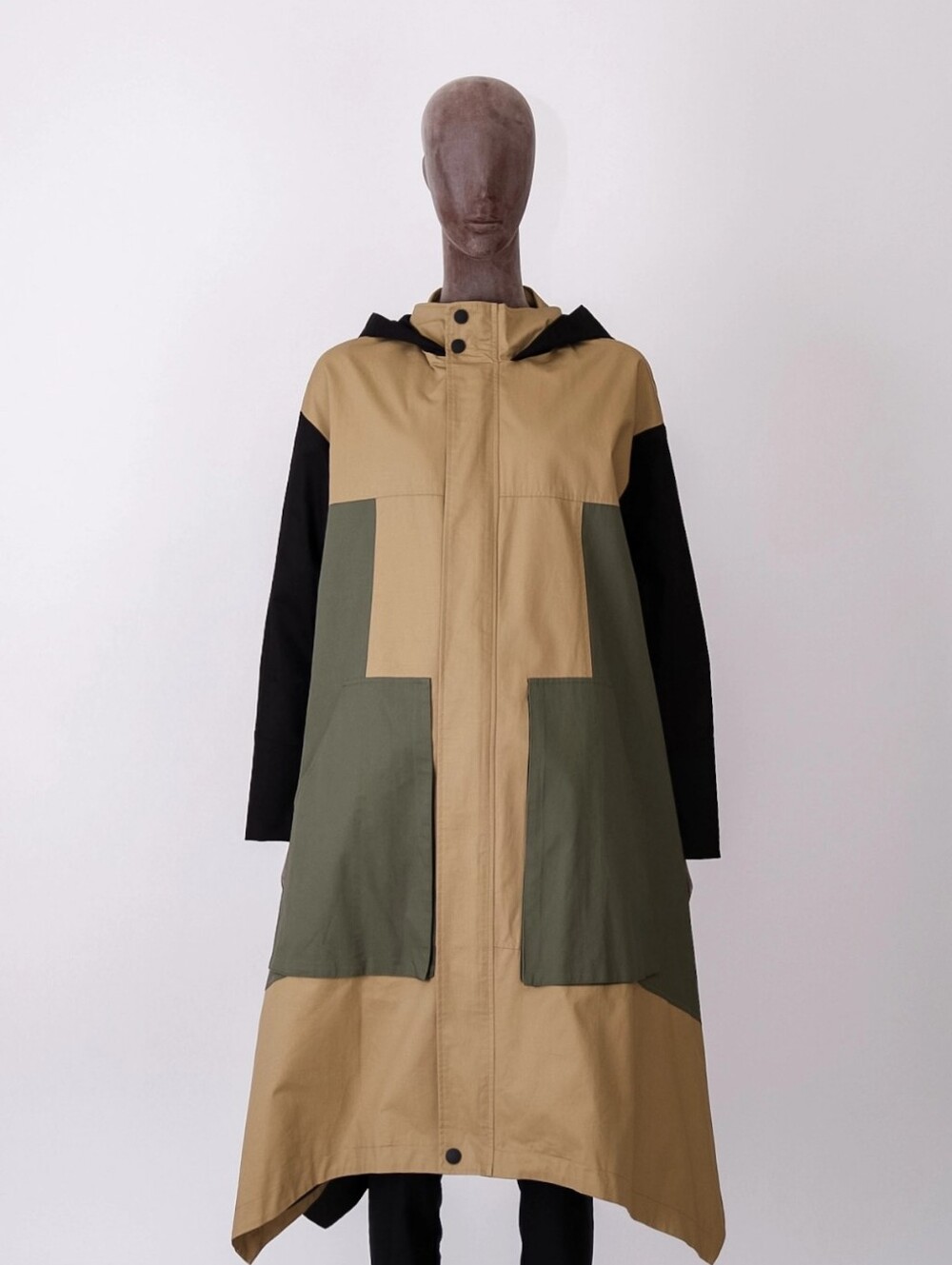 Japanese Brand Colorblock Hooded Trench Coat in Khaki, Olive & Black OS